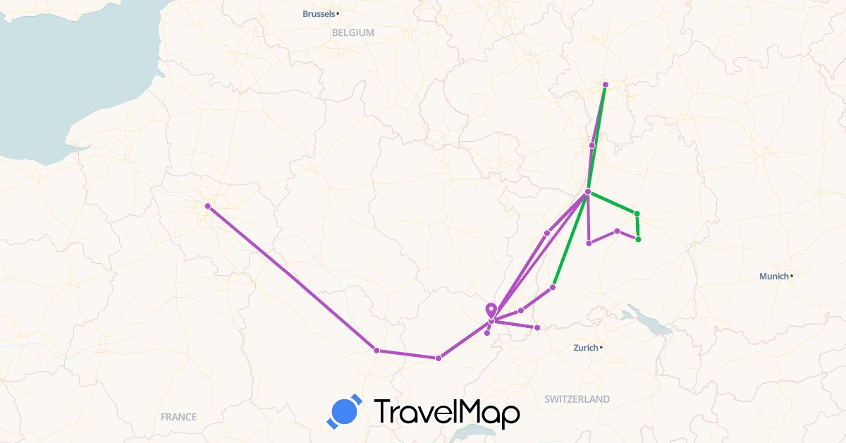 TravelMap itinerary: driving, bus, train in Switzerland, Germany, France (Europe)